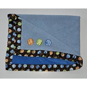 Baby Boom Blue Polka Dot Baby Blanket Fleece Satin Trim Brown Orange Green